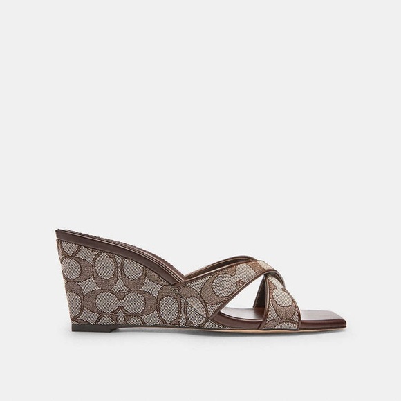 Coach Brown Signature Jacquard Wedge Sandals